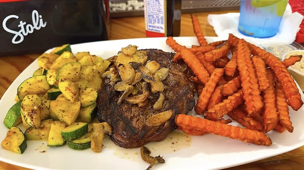 Ribeye Steak with Sweet Potato Fries and Grilled Veggie Medley